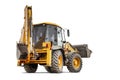 Large wheeled excavator loader or bulldozer on a white isolated background with a bucket raised up. Universal construction