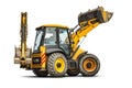 Large wheeled excavator loader or bulldozer on a white isolated background with a bucket raised up. Universal construction