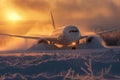 A large white airplane emergency landing on the ground in the snow Royalty Free Stock Photo
