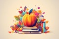 large white apple on stack of books, with pumpkin on top with autumnal leafs, education, preparing to school concept Royalty Free Stock Photo