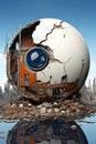 A large white ball with a blue eye sitting on top of a pile of rubble. AI.