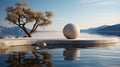 A large white ball on a concrete surface next to a body of water