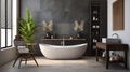 a large white bath tub sitting next to a window Mediterranean interior Bathroom with Charcoal Gray