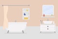 A large white bathtub with a tap and a curtain and a shelf with towels and cosmetics and mirorr Royalty Free Stock Photo