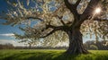 Majestic white blossoming tree in a green meadow under a bright sunburst sky spring white flowers Royalty Free Stock Photo
