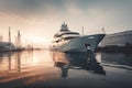 a large white boat in a body of water near a dock