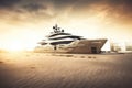 a large white boat in the middle of a sandy area with a building in the background and a sky with clouds above it and a sun Royalty Free Stock Photo