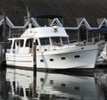 White boat with brown trim backed in to it's spot at the dock Royalty Free Stock Photo