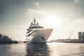 a large white boat in the water next to a dock Royalty Free Stock Photo