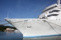 Large white bow of a cruise ship docked in the Caribbean Royalty Free Stock Photo