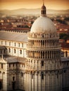 Large, white building with dome and several towers. It is located in city of Florence, Italy, which is known for its