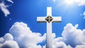 Large white Catholic cross against background of crystal blue sky with fluffy clouds. Sun\'s rays illuminate religious symbol Royalty Free Stock Photo