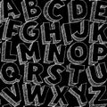 Large white chalk letters hand drawn vector alphabet seamles pattern on black background