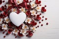 Large white heart around plant with white and red flowers. Tiny tiny red hearts.Valentine\'s Day banner with space for you Royalty Free Stock Photo