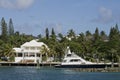 Large white home with boat in the tropics