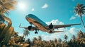 A large white liner flies low over the palm trees. The concept of a summer vacation