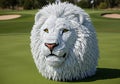A large white lion head sculpture, constructed entirely from interlocking plastic bricks, rests on Royalty Free Stock Photo