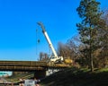 Large white mobile crane working on bridge above a highway with lane closed by tall pine tree