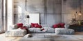 Large white open wall in living cozy modern living room, gray couch, red unsaturated cushions, gray coffee table
