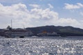 Large white passenger cruise liner in the old port of the Greek city of Fira. Liner on the Royalty Free Stock Photo