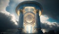 a large white pillar sitting under a cloudy sky with a light at the end of the tunnel in the middle of it\'s pillars