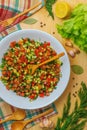 In a large white plate, fresh vegetables, cut into small cubes, with green dill Royalty Free Stock Photo