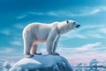 A large white polar bear stands on a small snow island, generative ai