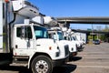 Large, White Refrigerated Trucks, all in a Line