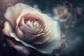 a large white rose is in the middle of a dark background with bubbles of light coming from the center of the flower and the