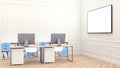 Large white screen for presentations. Modern 3d render with office interion white background for lifestyle design. Modern loft Royalty Free Stock Photo