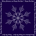 Large white snowflake on a dark blue background with a frame of wishes written in white letters Royalty Free Stock Photo