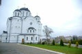 A large white stone church with a golden dome and a bell in eastern Europe is a Christian orthodox for the prayers of God Royalty Free Stock Photo