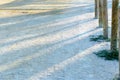 Large, almost white structural sand on the beach in Spain, fenced with wooden tables, as the basis for the background. Royalty Free Stock Photo