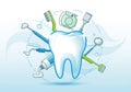 A large, white tooth is at the center, surrounded by dental care Royalty Free Stock Photo