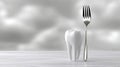 A large white tooth stands next to a shiny silver fork on a wooden table Royalty Free Stock Photo