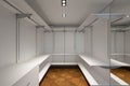 Large white walk-in closet with parquet