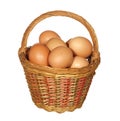 large wicker basket with chicken eggs isolated on white background.