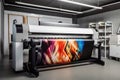 Large wide digital inkjet printing machine during production. Generative Ai