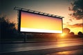 Large wide illuminated blank billboard mockup located on side of highway