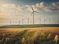 large wind power plants on a green meadow generating energy for humanity