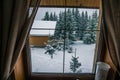 large window with beautiful views of nature and snow Royalty Free Stock Photo