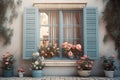 Large window with shutters and roses in pots, pastel colors. AI generative