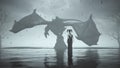 Large Winged Black Dragon with a Woman Dragon Rider Glowing White Eyes on Black Sand Surrounded by Water an some Dead Trees Royalty Free Stock Photo