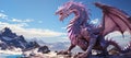 Pink winged dragon with a full-length figure on a mountain landscape background. Generative ai