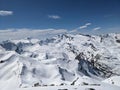 large winter panorama on the fanellhorn in canton of grisons. Lots of snowy mountain peaks. Ski tour in the valley vals