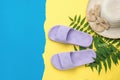 A large women`s hat and flip-flops on palm leaves on a yellow and blue background. The concept of a holiday by the sea
