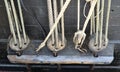 Large wooden blocks are attached to different ropes of a large sailing vessel Royalty Free Stock Photo