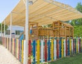 Large wooden climbing frame in children`s playground area Royalty Free Stock Photo