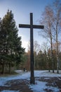 A large wooden cross at Bergen Belsen Concentration Camp