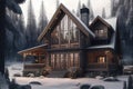 large wooden house with window of living room exterior of the winter chalet